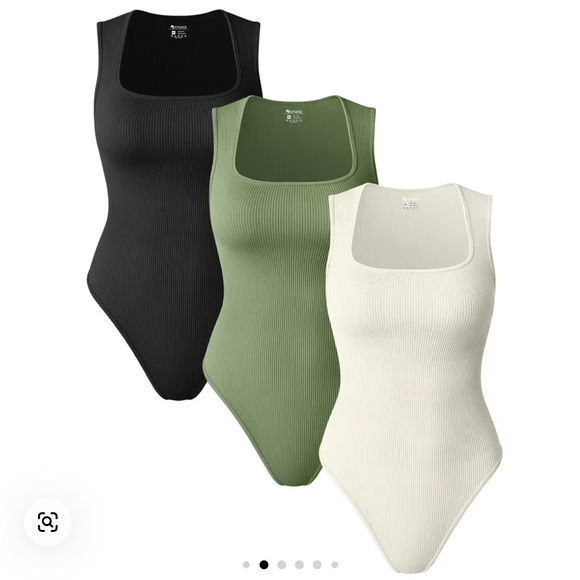 Tops - As seen on TikTok- Three Ribbed Square Neck Bodysuit - Black, Green, and Beige